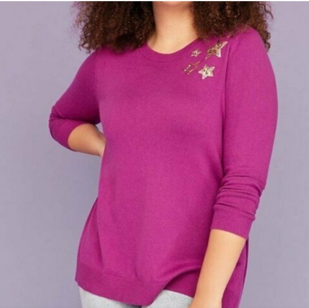 4X Lane Bryant Purple Sweater Sequin Gold Stars size 26/28 4X H-3323
